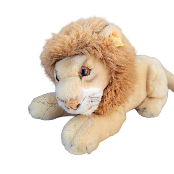 Vintage Steiff Detailed Lion Plush Ear Tag Button Stuffed Animal Laying Lounging - Picture 1 of 12